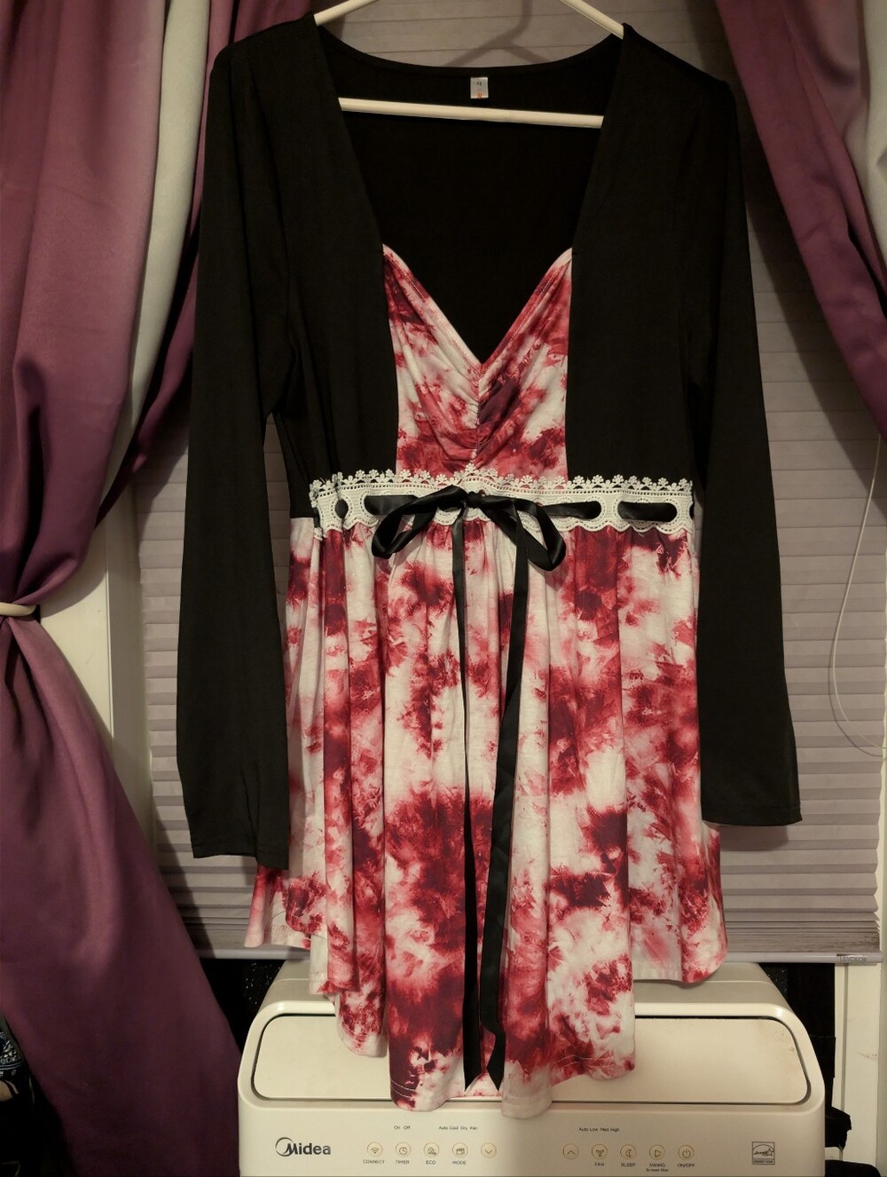 Tie-Dye Red & White Long-Sleeve Shirt with Black Bodice